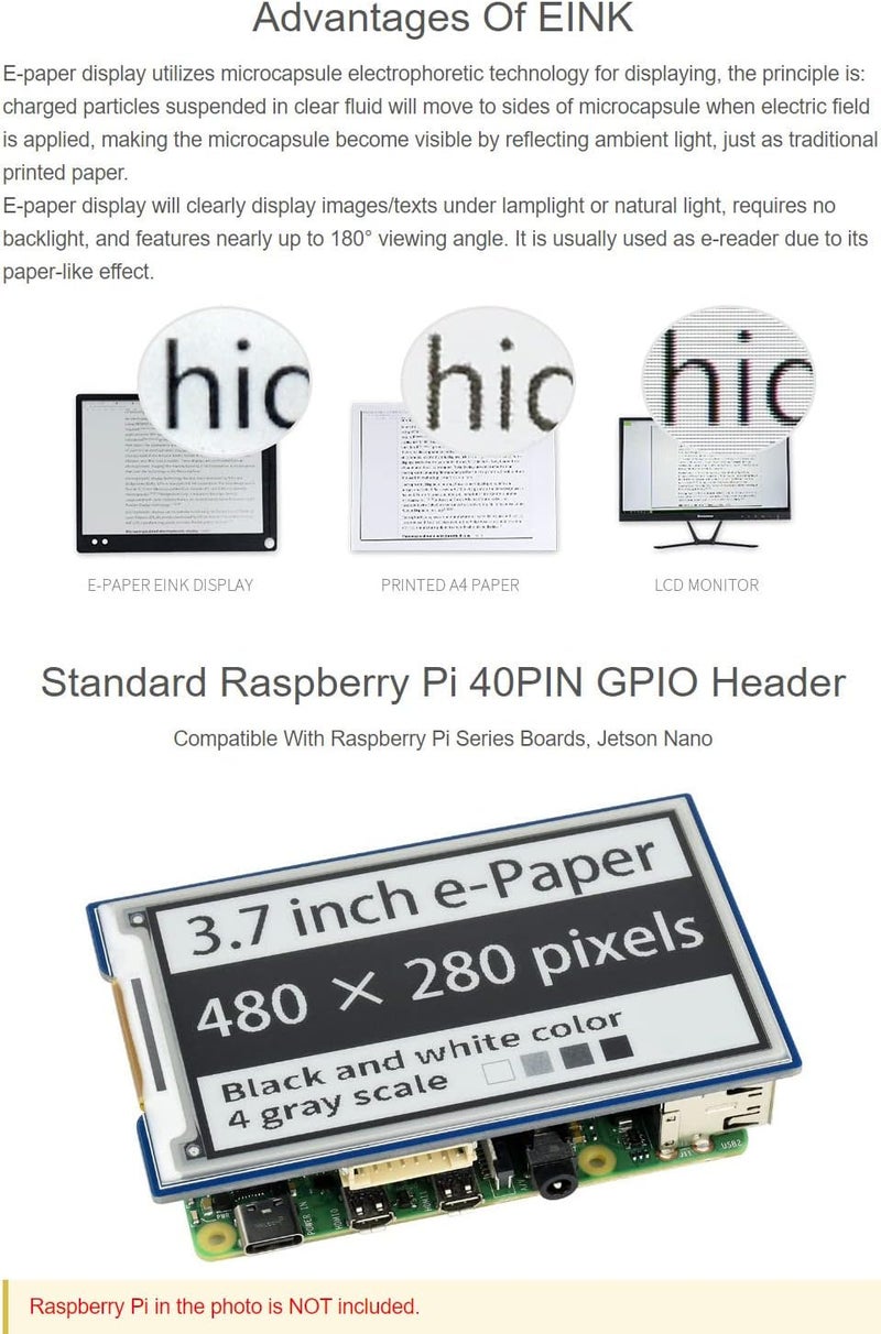 Waveshare 3.7inch E-Paper E-Ink Display HAT Compatible with Raspberry Pi4B/3B+/3B/2B/B+/A+/Zero/Zero W/WH/Zero 2W 480×280 Pixels Black/White 4 Grey Scales SPI Interface Supports Partial Refresh - Image 5